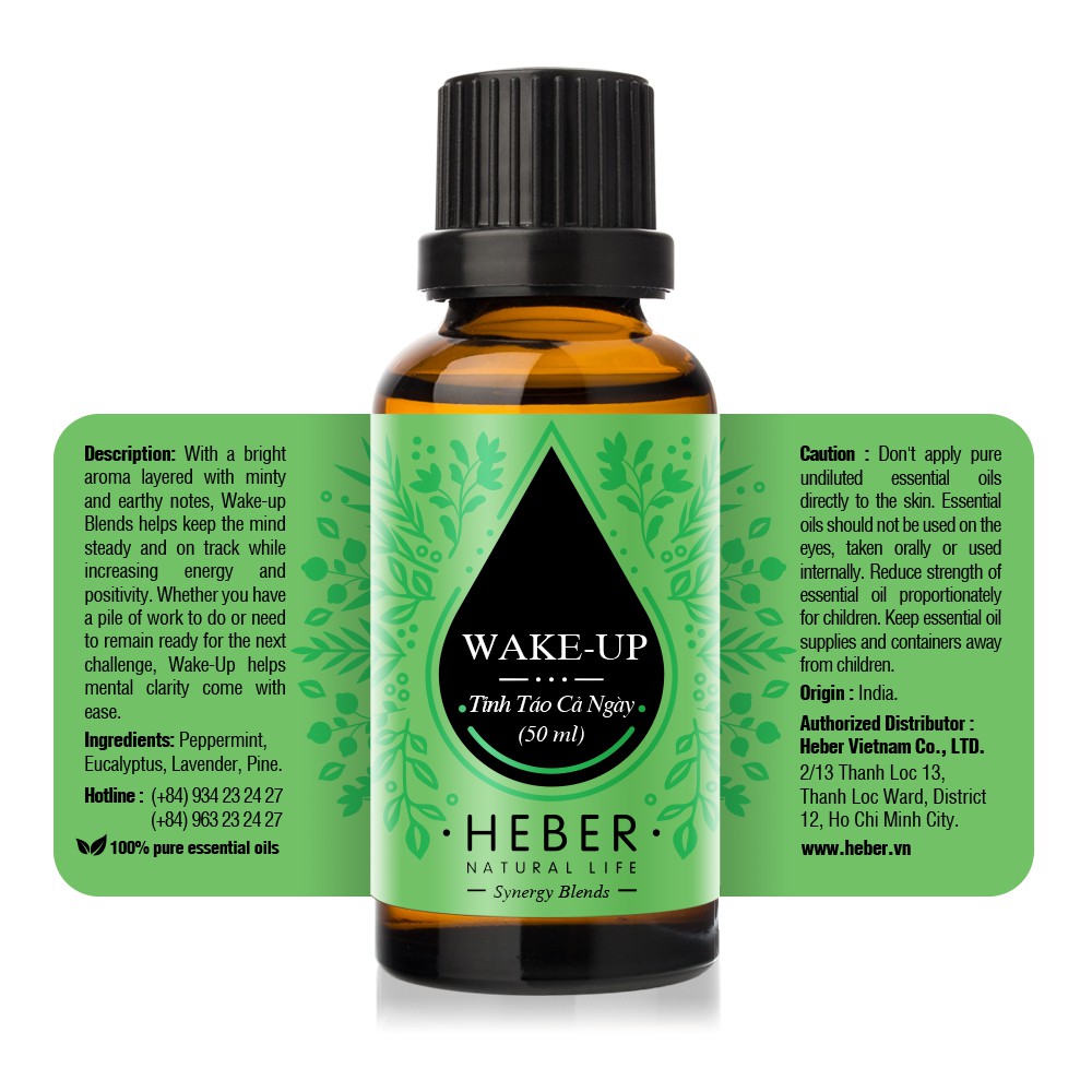 Tinh Dầu Tỉnh Táo Cả Ngày Wake-Up Blend Heber Natural Life, Cao Cấp Nhập Khẩu, Thiên Nhiên Nguyên Chất, 10ml/30ml/50ml