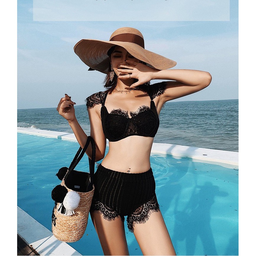 Bikini, Bộ Đồ bơi nữ áo tắm hai mảnh tay ren sang chảnh chất thun lạnh hàn quốc quần cạp cao che bụng