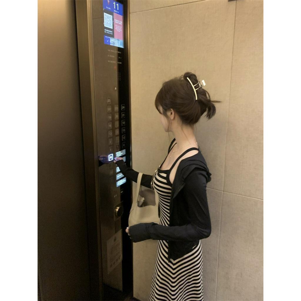 ZHELIHANGFEI Đầm Hai Dây Dáng Ôm Họa Tiết Kẻ Sọc Màu Sắc Tương Phản Phong Cách Hàn Quốc Thời Trang Cho Nữ