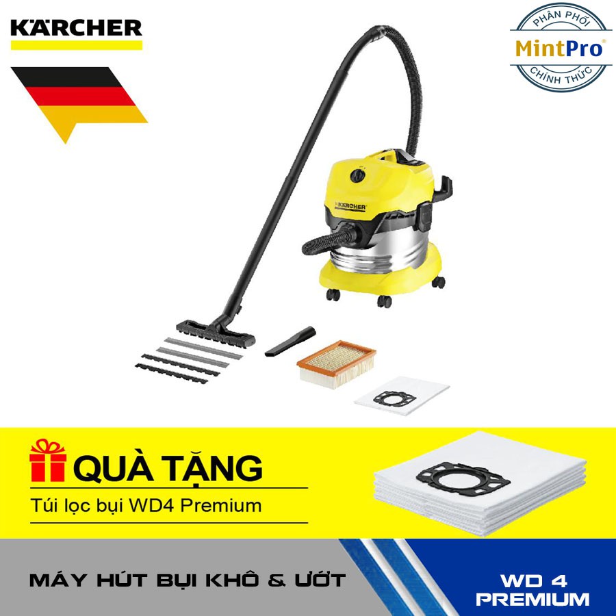 Máy hút bụi khô &amp; ướt Karcher, WD 4 Premium + Tặng Túi lọc bụi WD4