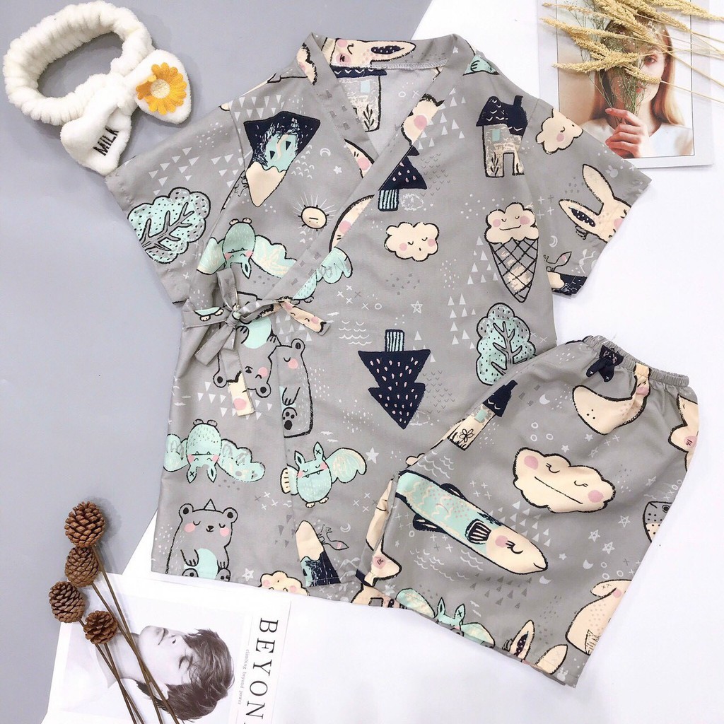 Bộ ngủ pijama kimono tay ngắn quần đùi cột dây mát mẻ cho mùa hè- update mẫu mới.