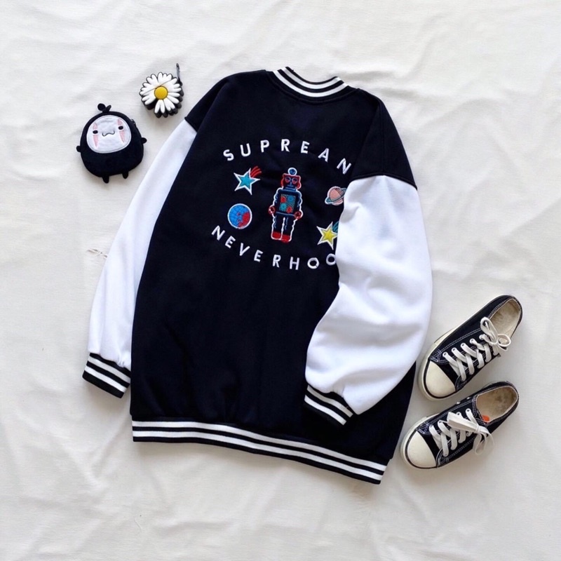 Áo Bomber Nút Bấm Nỉ Bông Unisex Thêu Vũ Trụ Ảnh Thật