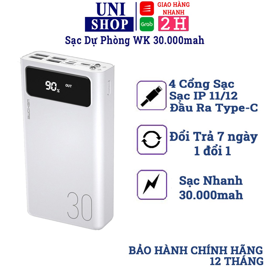 Pin sạc dự phòng 30000mah WK 175, sạc đa năng - đèn led hiển thị pin, 4 cổng USB đa năng, hàng chính hãng