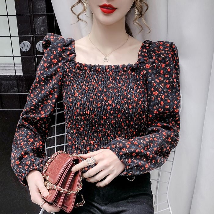 Áo Kiểu Tay Phồng In Hoa Thời Trang Hè Thu Cho Nữ