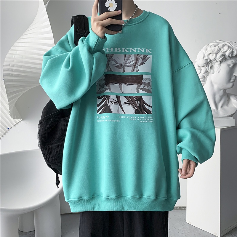 Áo sweater tay dài cổ tròn dáng rộng in họa tiết hoạt hình kiểu Hồng Kông thời trang mùa thu cho nam 2021