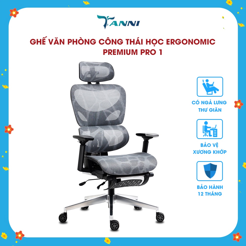 Ghế Xoay Văn Phòng Công Thái Học Châu Âu Cao Cấp Có Ngả Lưng TANNI Premium Pro1, Ghế Xoay Làm Việc Ergonomic Nhập Khẩu