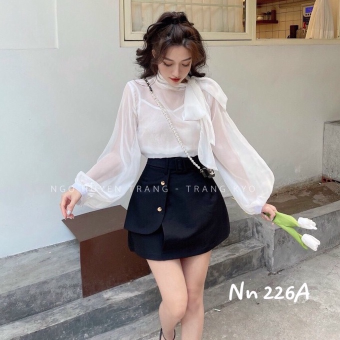 Áo sơ mi nữ cổ nơ lệch vai nữ tính