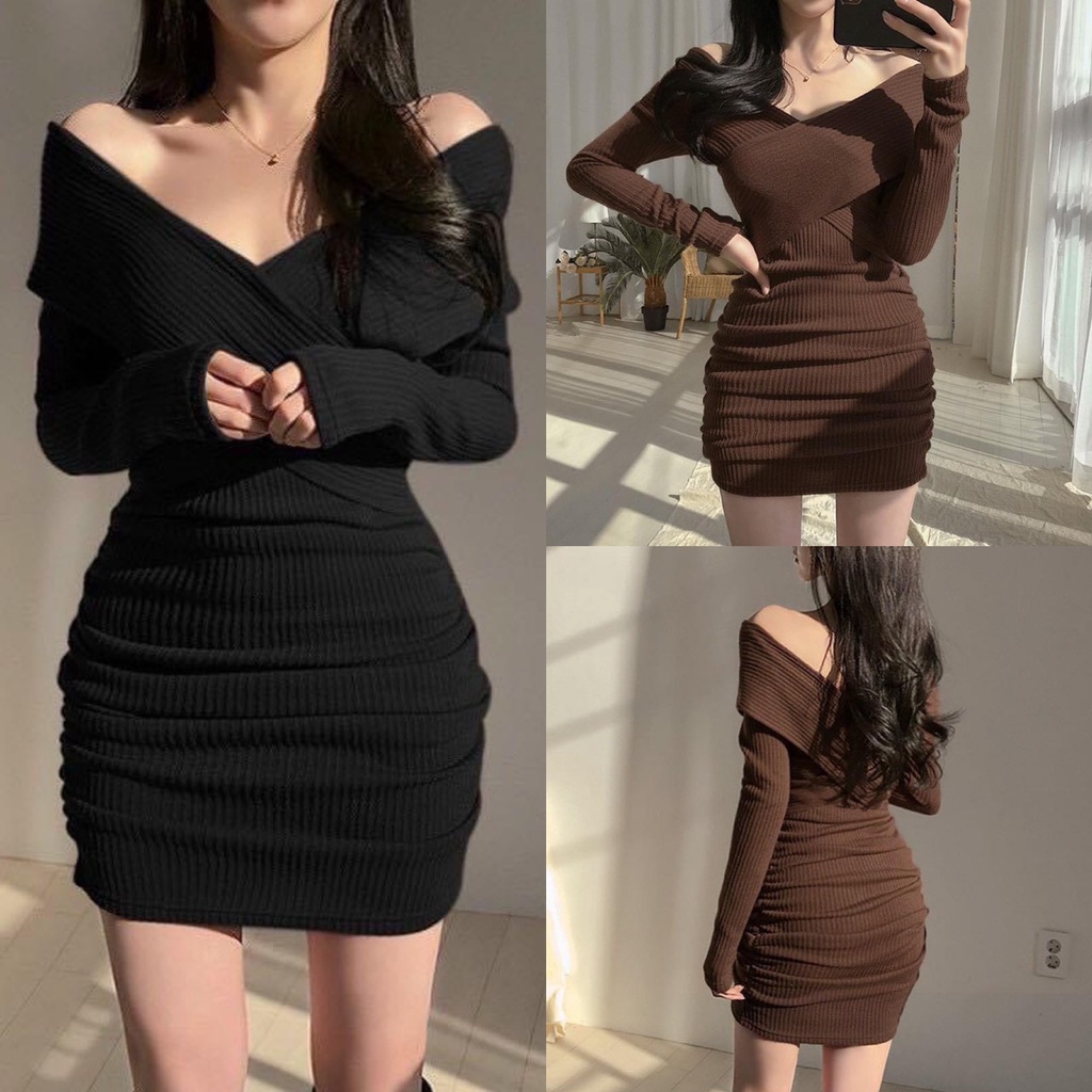 Đầm Body Hở Vai Tay Dài Cổ V Chất Thun Gân Thích Hợp Mặc Đi Tiệc Đi Làm Đi Chơi