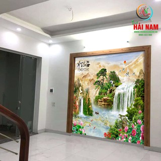 Tranh dán tường 3D thác nước - Vải lụa phủ kim sa
