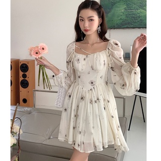 Đầm Voan Hoa Cổ Vuông Tay Phồng Thắt Dây Eo Phong Cách Mới 53966