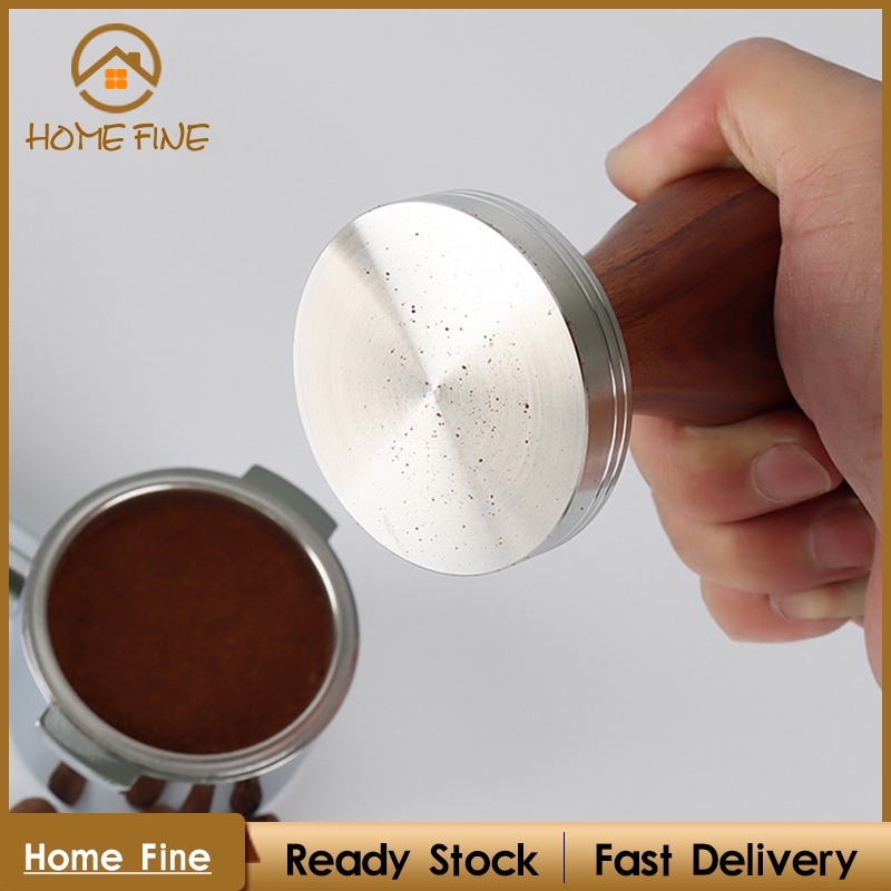 【Home Fine】Stainless Steel Coffee Tamper Barista Espresso Coffee Bean Press Tool w/Wooden Handle Flat Base