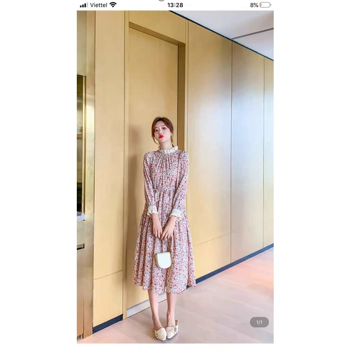 Váy bầu , đầm bầu thu đông thiết kế hoa nhí chất lụa mềm mại vintage - dáng xuông thoải mái kèm đai thắt nơ