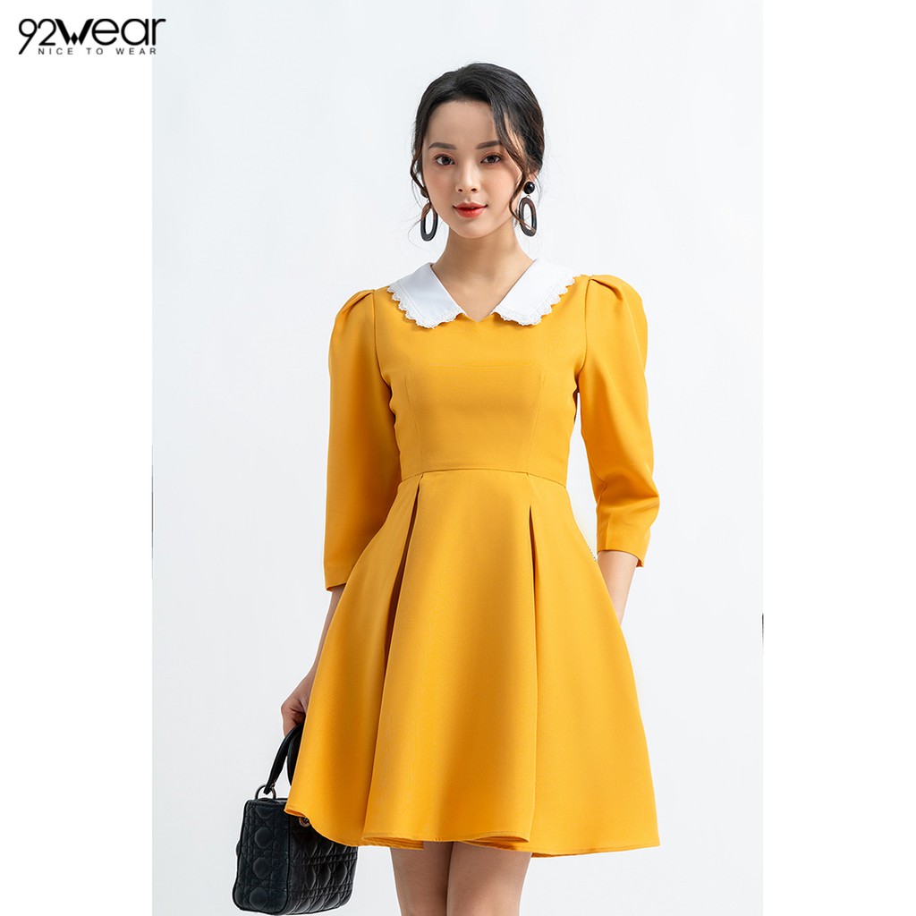 Đầm công sở dáng xòe tay lỡ phối viền cổ trắng DEW0623 - 92WEAR | BigBuy360 - bigbuy360.vn