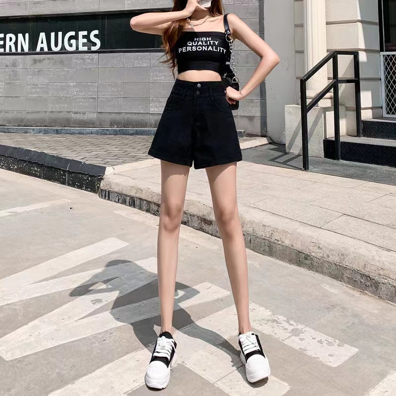 Quần Short Denim Ống Rộng Lưng Cao Màu Trơn Thời Trang Mùa Hè Hàn Quốc Cho Nữ