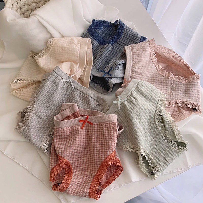 5 Quần Lót Cotton Kẻ Caro Nềm Mịn Co Giãn ,Quần Lót Nữ YUNA Siêu Thoáng Hoạ Tiết Caro Viền Ren Vải Kháng Khuẩn
