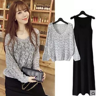 Sét váy hai dây và áo len mỏng dài tay buông lơi siêu rẻ