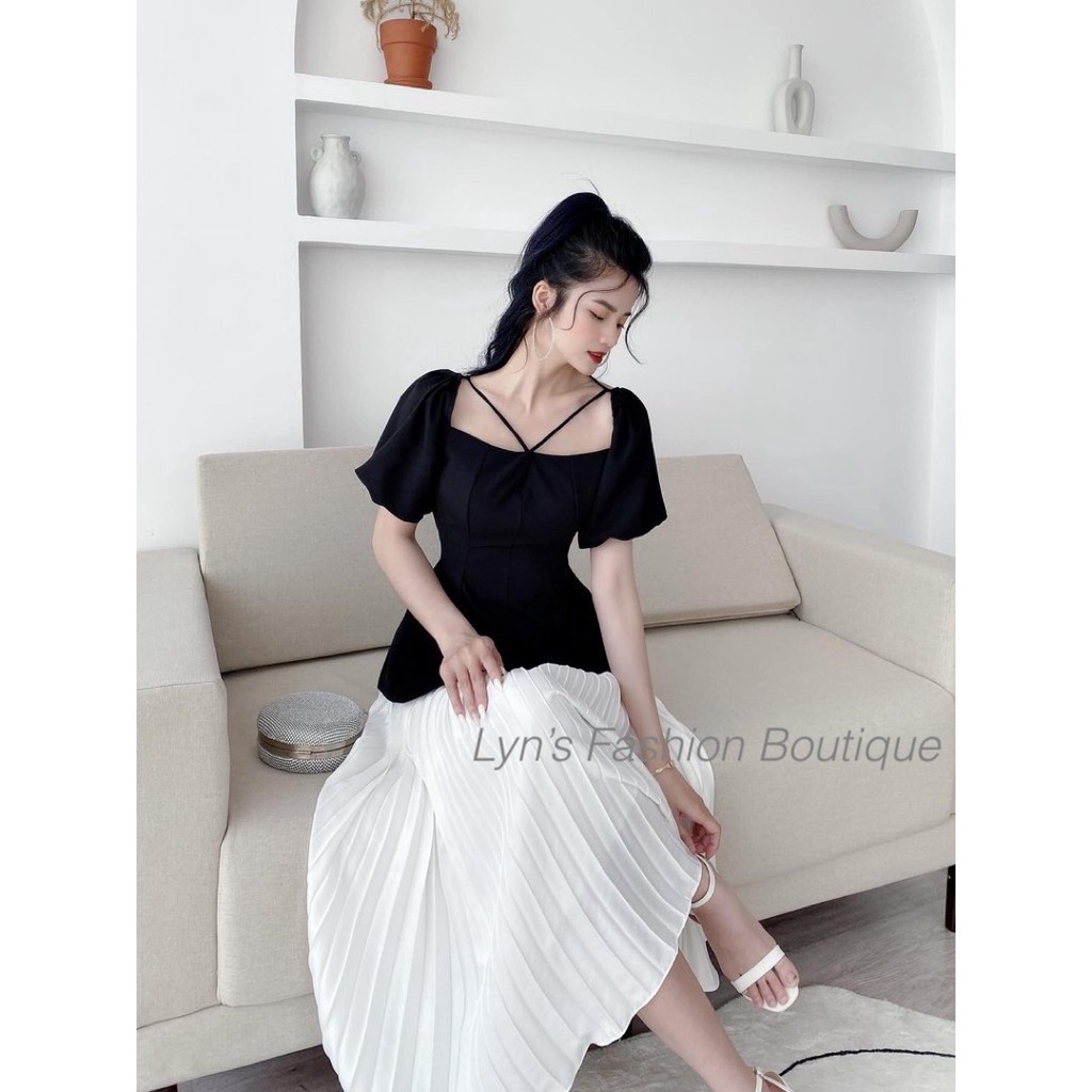 Áo Cách Điệu Cổ Vuông Tay Bồng Nhún Eo Cực Xinh Phong Cách Hàn Quốc