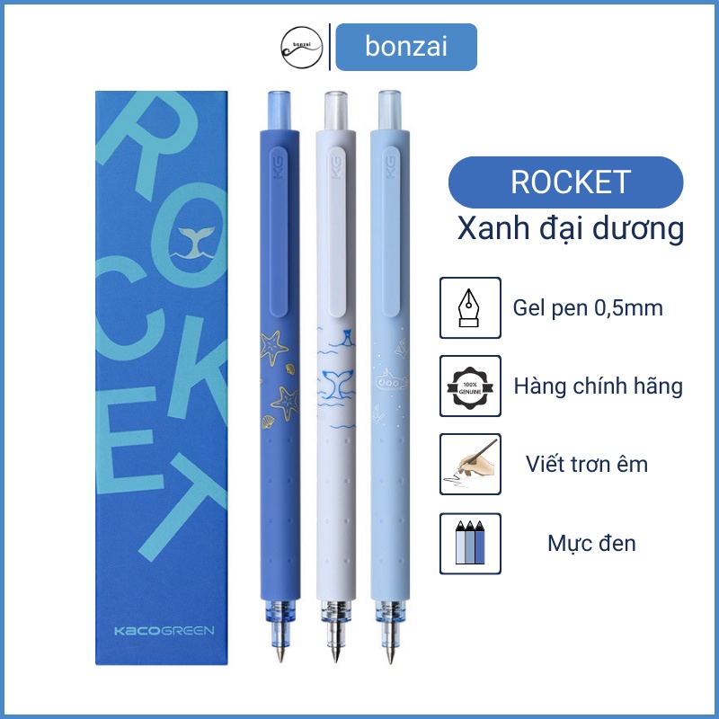 Bộ 3 bút gel Kaco Rocket Xanh Đại Dương mực đen ngòi 0,5mm