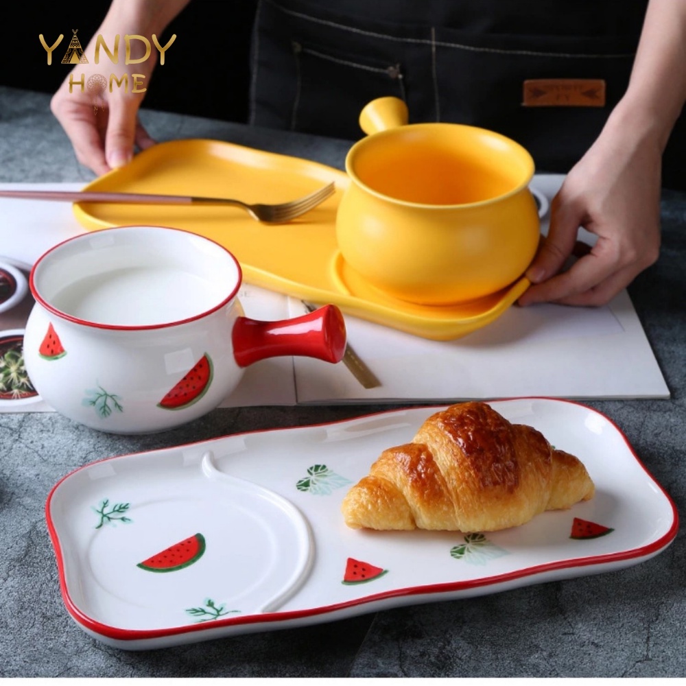 Bộ bát sứ có tay cầm kèm đĩa chữ nhật YANDY HOME BB08 quánh có dĩa gốm men cao cấp