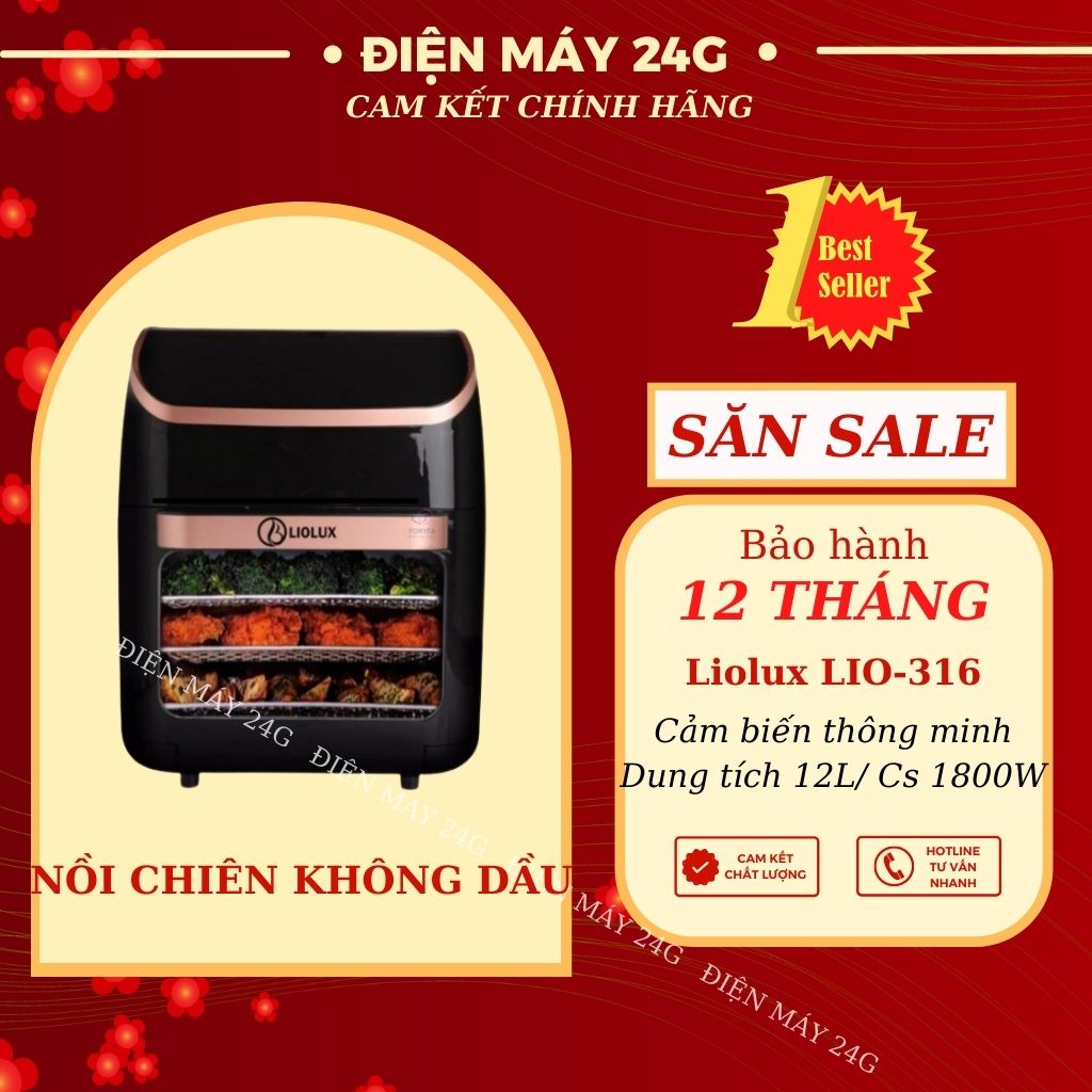 Nồi chiên không dầu Liolux LIO-316 2lít cửa kính 2 lớp giữ nhiệt tốt tiết kiệm điện nấu chín nhanh thức ăn chính hãng