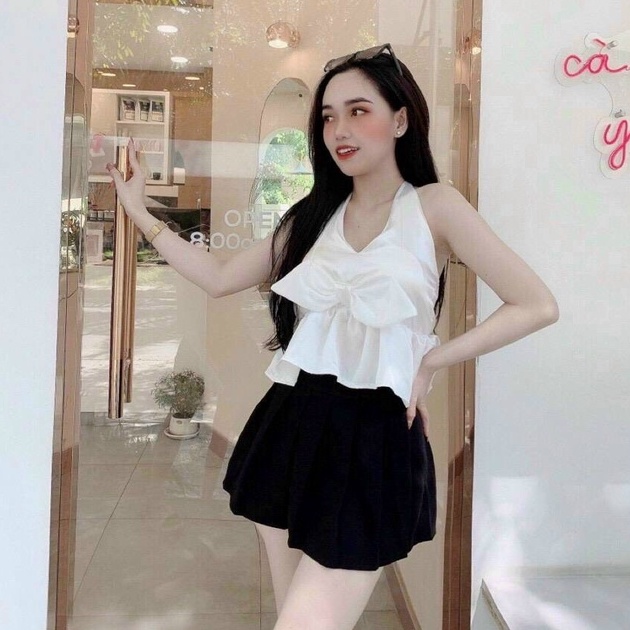 Áo yếm bèo phối nơ trước cực xinh  , chất phi bóng mềm mịn