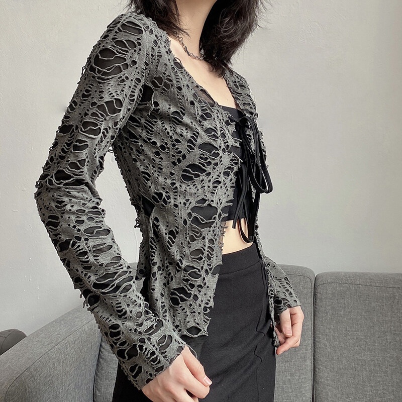 Kliou 2022 Mới vào mùa hè Áo cardigan KLIOU tay dài thiết kế khoét lỗ ôm dáng quyến rũ thời trang dành cho nữ