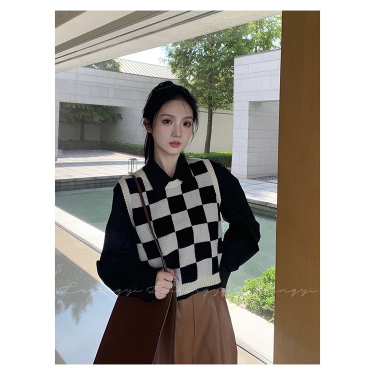 Áo khoác ghi lê dệt kim nhiều lớp cổ điển dễ phối đồ phiên bản Hàn Quốc