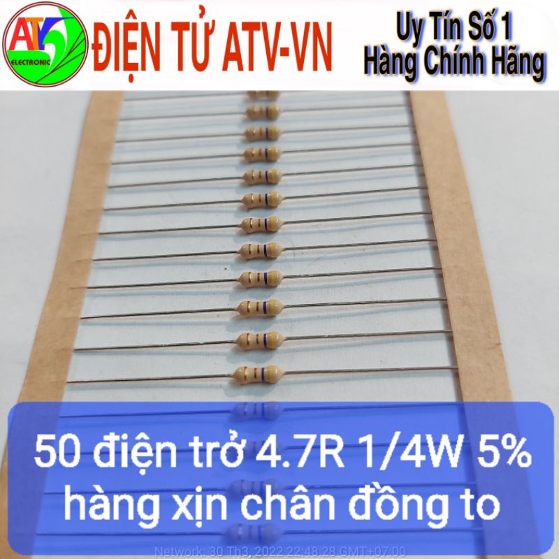 50 điện trở 4.7R 4R7 4.7ohm 4.7 ôm 1/4W 5% hàng xịn chân đồng to