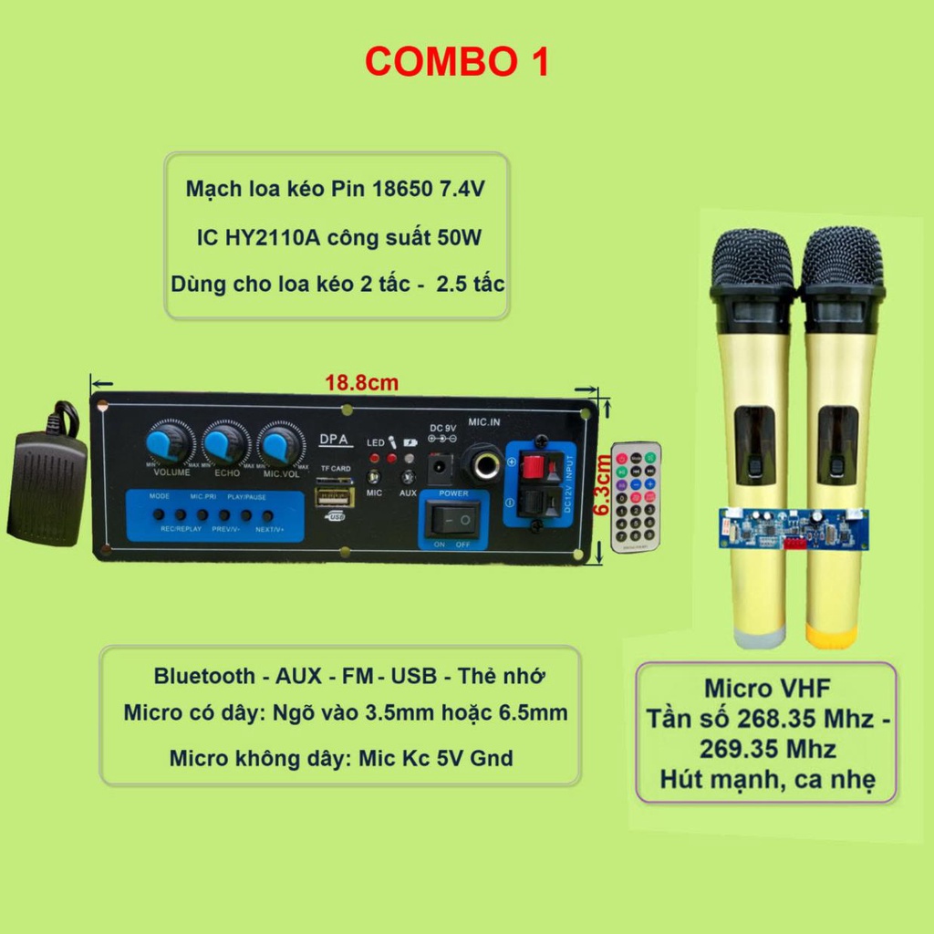 [giare] Mạch loa kéo dùng Pin sạc 18650 7V4 IC HY2110A loa kéo 2,5 tấc - 2 tấc kèm micro UHF VHF