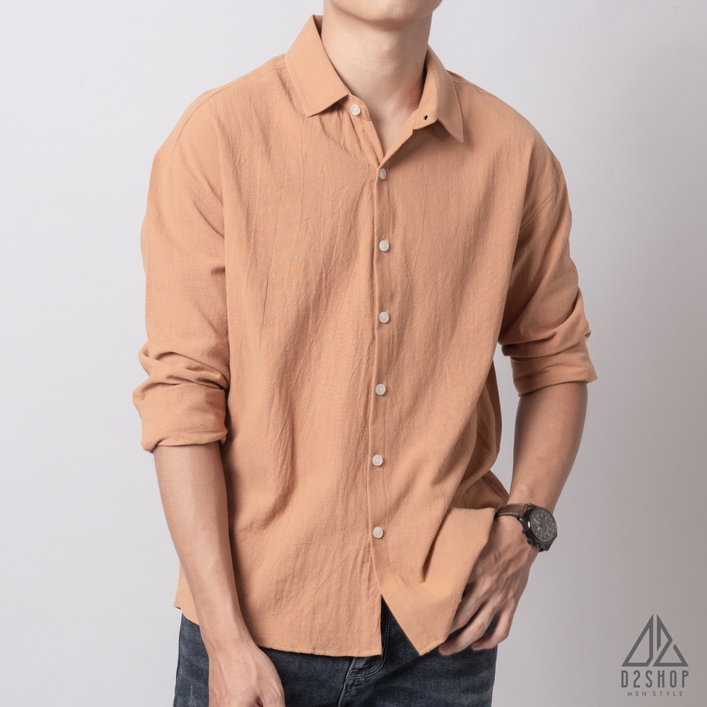 Áo sơ mi D2shop, áo sơ mi nam dài tay vải linen trơn, màu be