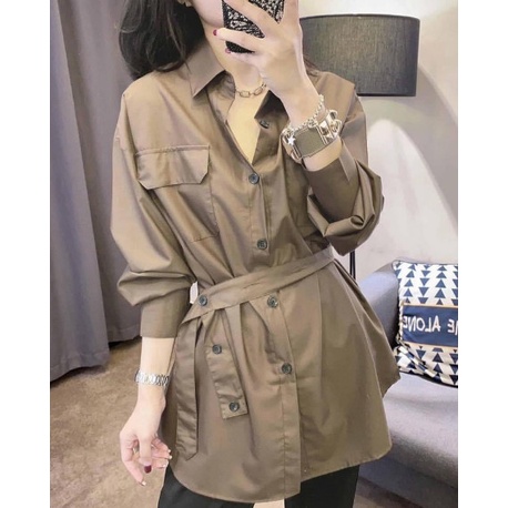 Áo sơ mi dài tay đai thắt eo phong cách châu Âu_A9007