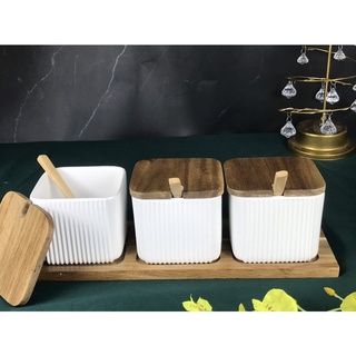 Bộ 3 hũ đựng gia vị bằng sứ (có khay)