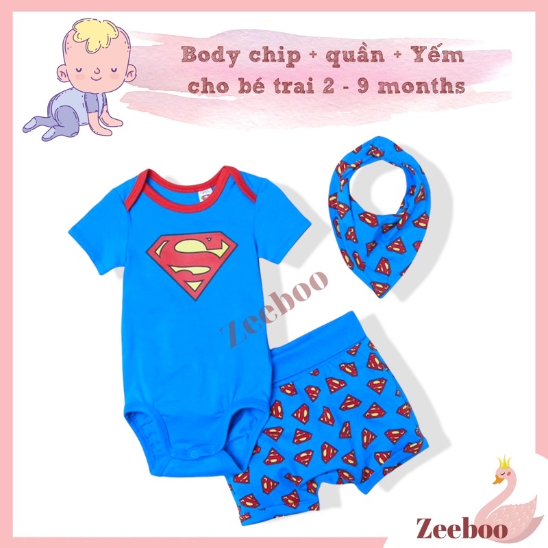 Quần áo trẻ em,Set body chip kèm quần + yếm SUPER MAN, siêu nhân cho bé trai  từ 2 đến 9 tháng  Hàng HM