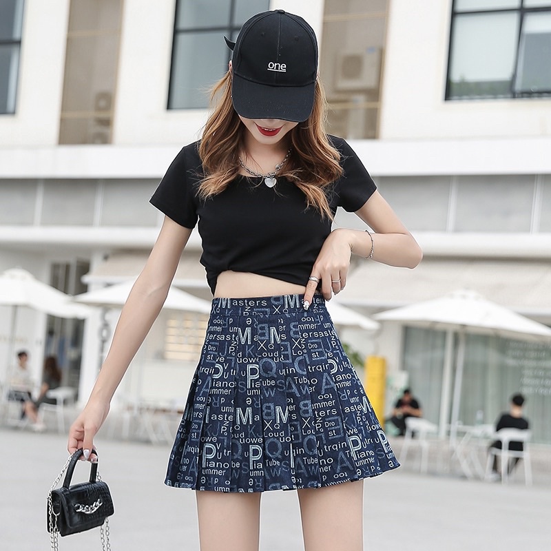 Chân váy xếp ly họa tiết chữ, chân váy tennis chất jean dày dặn [Quảng Châu cao cấp] | BigBuy360 - bigbuy360.vn