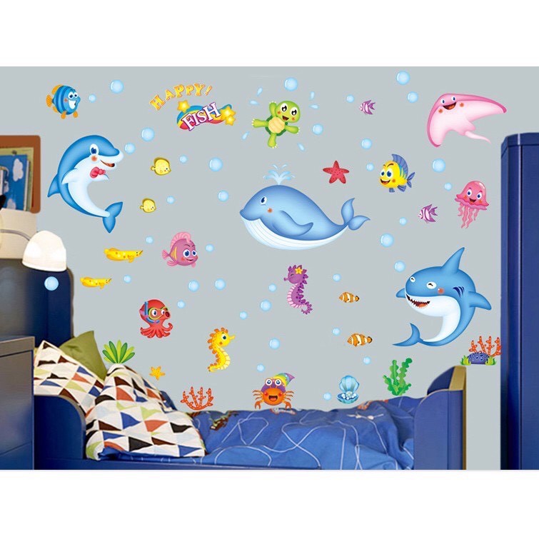 Decal dán tường cá voi nhỏ - Decal trang trí phòng cho bé ( 1m5*1m2) - Decal 05