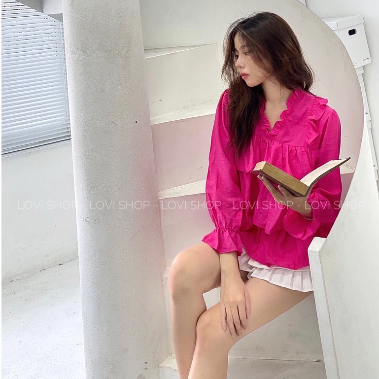 LOVI SHOP- Áo bèo tầng babydoll tay dài cổ v tiểu thư nhiều màu xinh xắn chất tơ ánh kim cao cấp