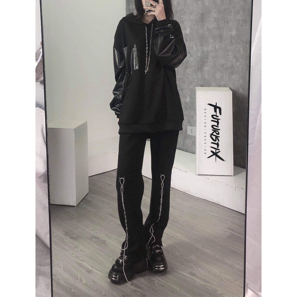 Quần Ống Loe Đan Dây Q080 Mix Áo Hoodie Phối Da Mũ Thánh Giá A383 - FuturistiX