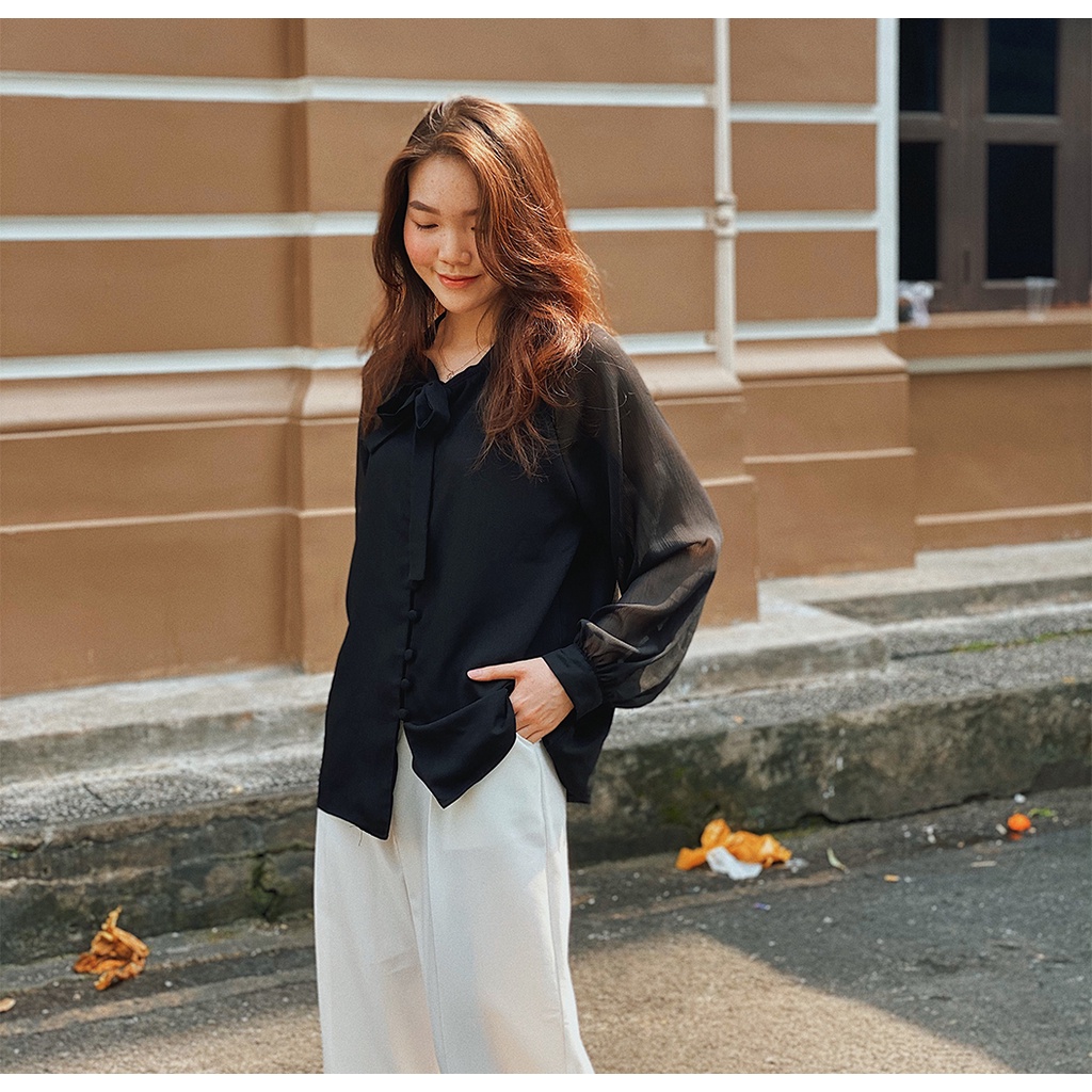 Áo Sơ Mi Nữ Công Sở Kiểu nữ Đẹp Hàn Quốc Tay Phồng  LUCETFASHION cao cấp đen trắng Kimi Shirt