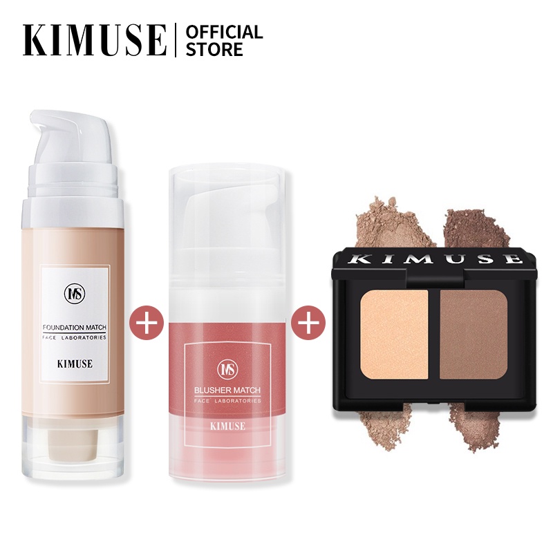 Set 3 mỹ phẩm KIMUSE gồm phấn má hồng dạng lỏng phấn bắt sáng tạo khối và kem nền dạng lỏng dành cho trang điểm