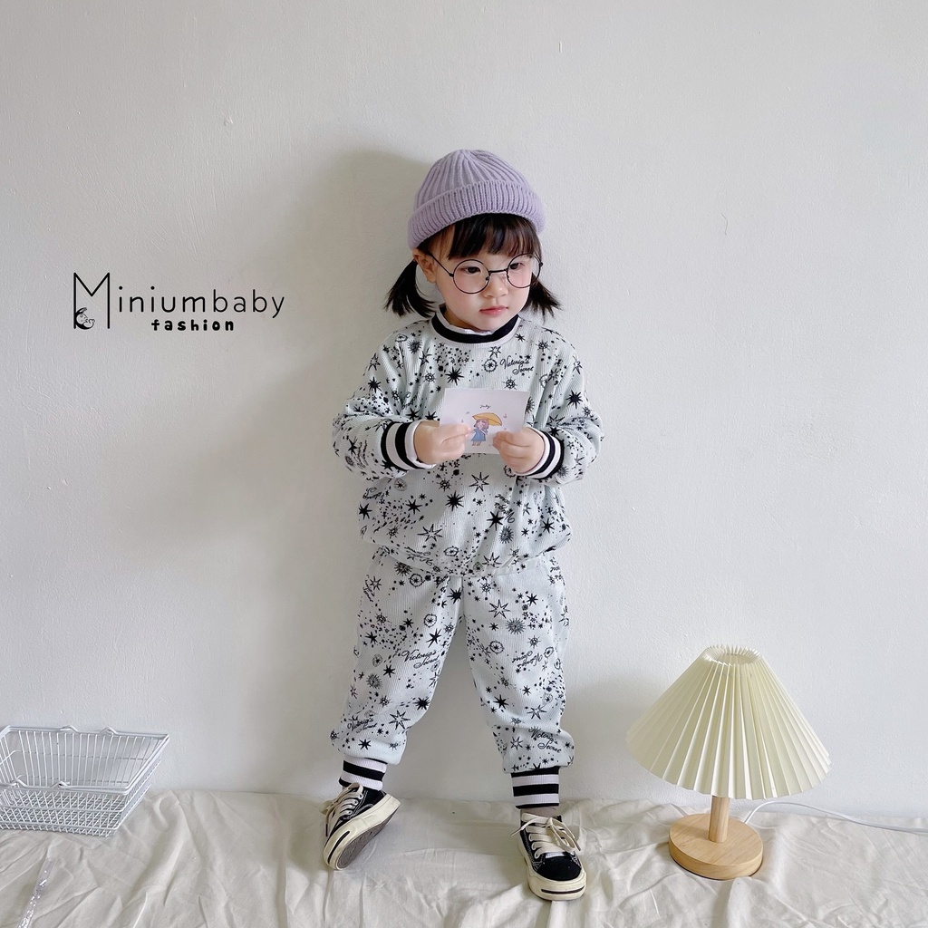 Set cotton tổ ong hoạ tiết ngôi sao cho bé trai/gái Minium, áo thu đông dài tay trẻ em-SB1136