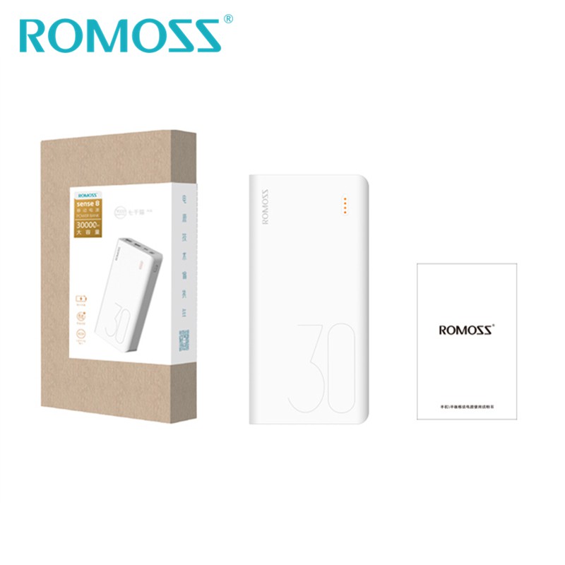 Pin sạc dự phòng lõi Polymer Romoss Sense 8 30000mAh - Tặng cáp Baseus 1 đầu 2 chân 23cm - Hãng phân phối chính thức