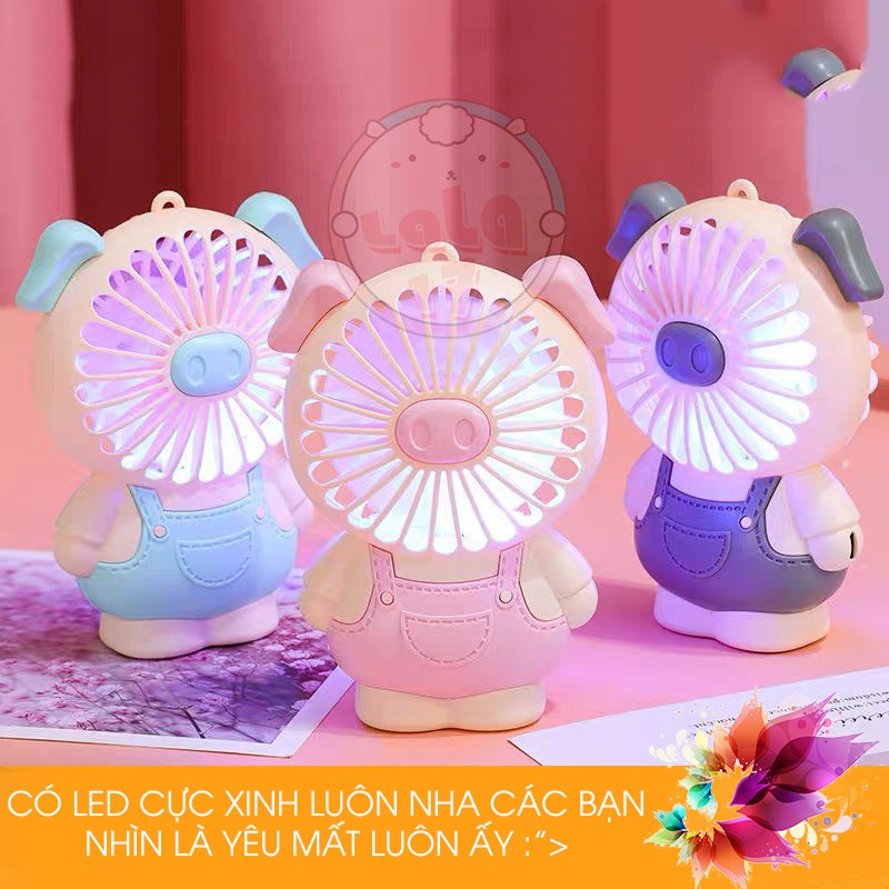 Quạt cầm tay mini hình con heo dễ thương sạc tích điện cute gió mạnh giá rẻ tốt nhất 3 in 1 có đèn led không gương