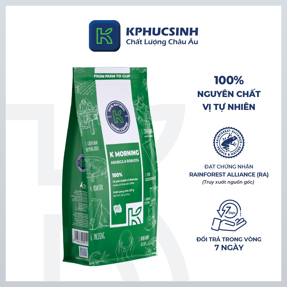 Cà phê rang xay nguyên chất Robusta Arabica K Morning thương hiệu K Coffee Gói 227g