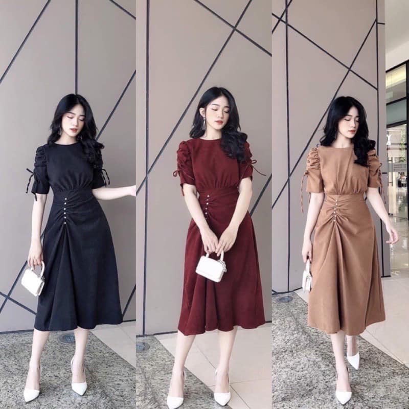 BÁN SỈ VÁY ĐÍNH HẠT CHUN TAY 3 MÀU CHO NỮ