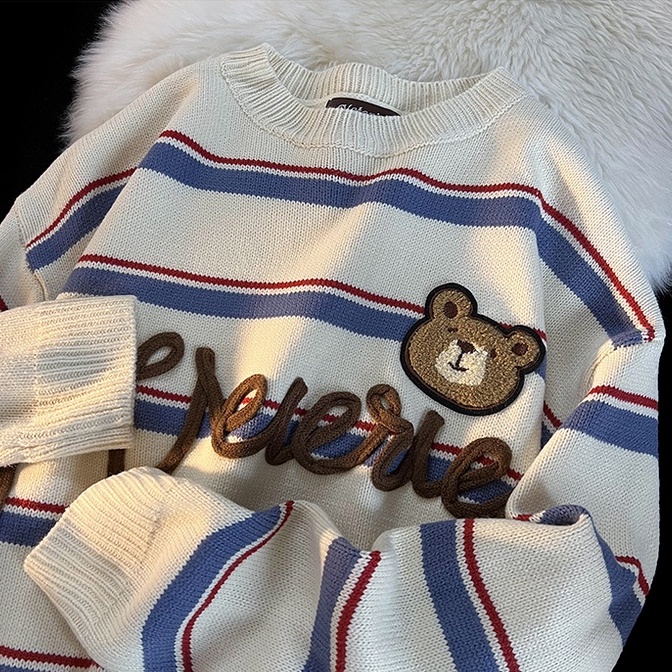 ZHELIHANGFEI Áo Sweater Tay Dài Cổ Tròn Kẻ Sọc Dễ Thương Xinh Xắn