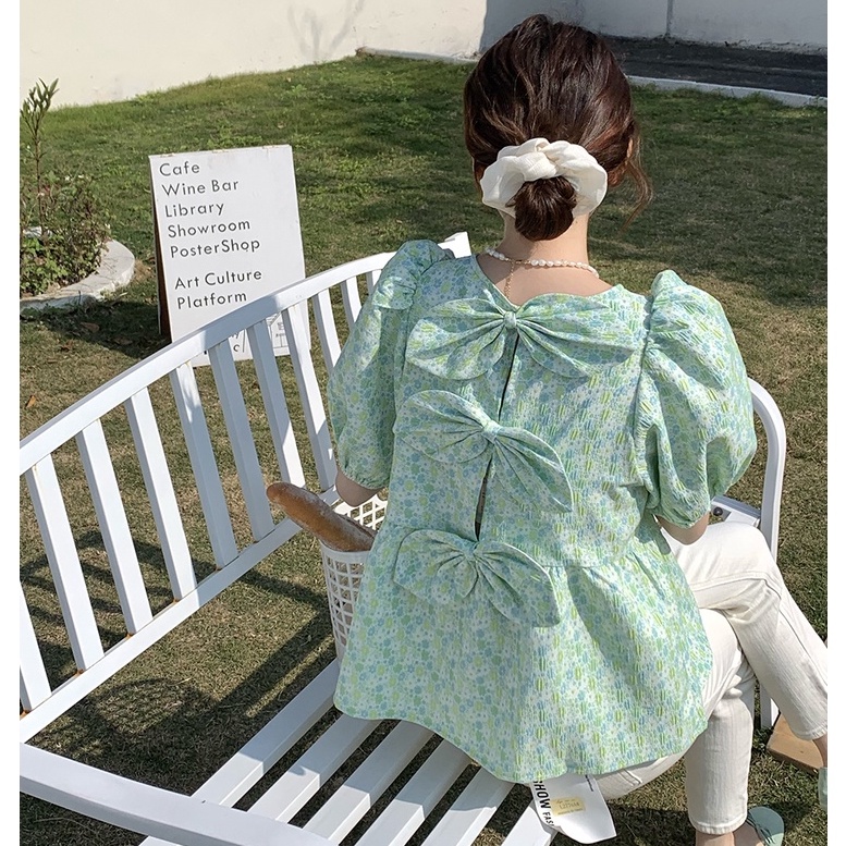 Áo Kiểu Búp Bê Tay Ngắn Thắt Nơ Sau Lưng Màu Xanh Lá Dễ Thương 49529