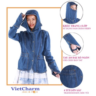 Áo chống nắng Jean cao cấp 2 lớp 4 túi to sâu Hoa My