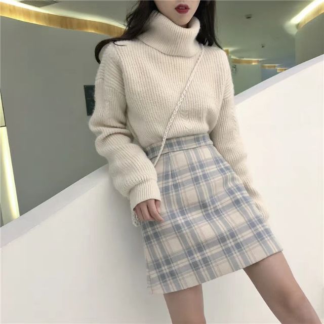 Set áo len cổ lọ + chân váy dạ ngắn chữ A kẻ ô ulzzang siêu xinh ❤