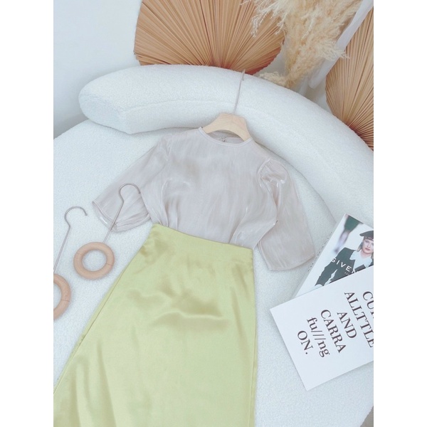 SET LỤA ÁO TAY LỠ + CVAY MIDI XANH