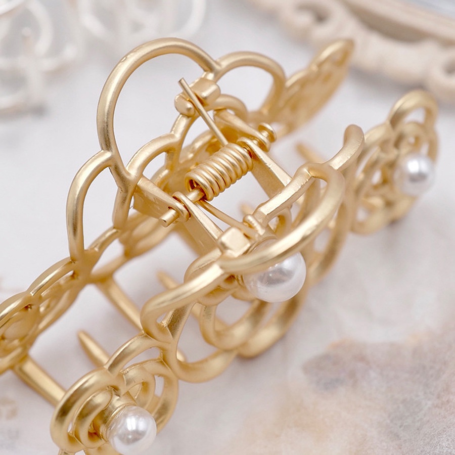 Kẹp tóc đuôi ngựa bằng kim loại hình hoa đính ngọc trai nhân tạo đơn giản phong cách Hàn Quốc